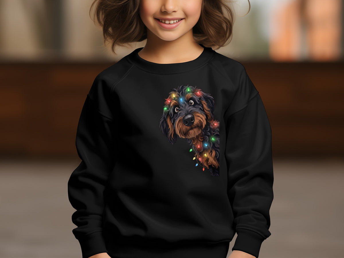 Black sweatshirt with a printed image of a dog wearing colorful Christmas lights.