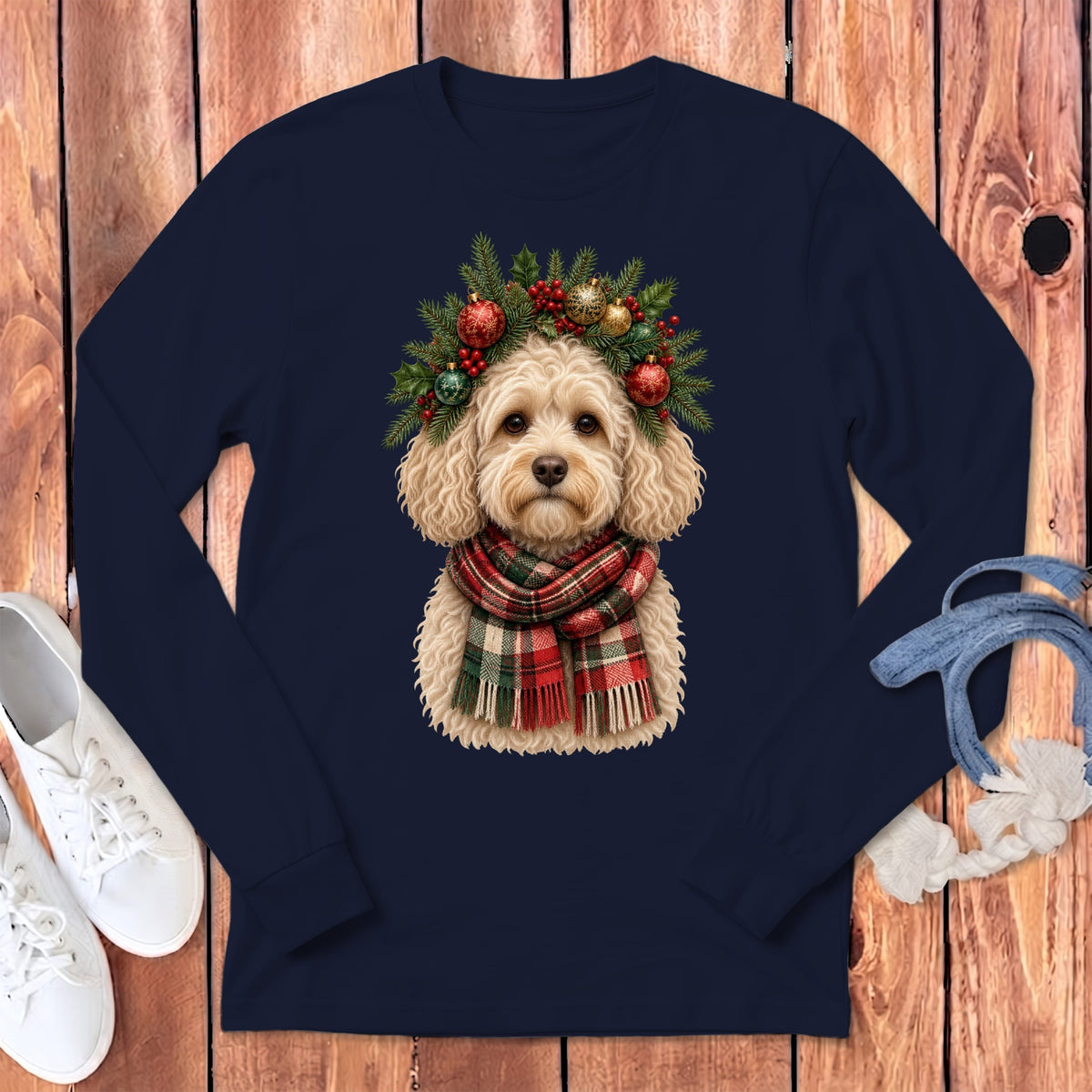 Maltipoo Holiday Crown Long Sleeve T-Shirt in Navy / S by MyDesigns