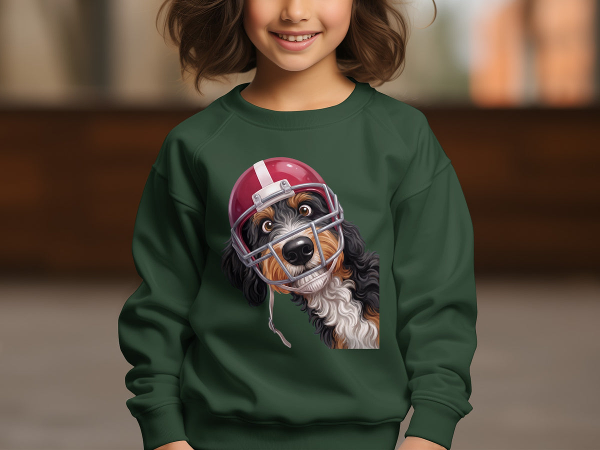 Bernese Mountain Dog wearing a red football helmet and facemask on a dark green sweatshirt.