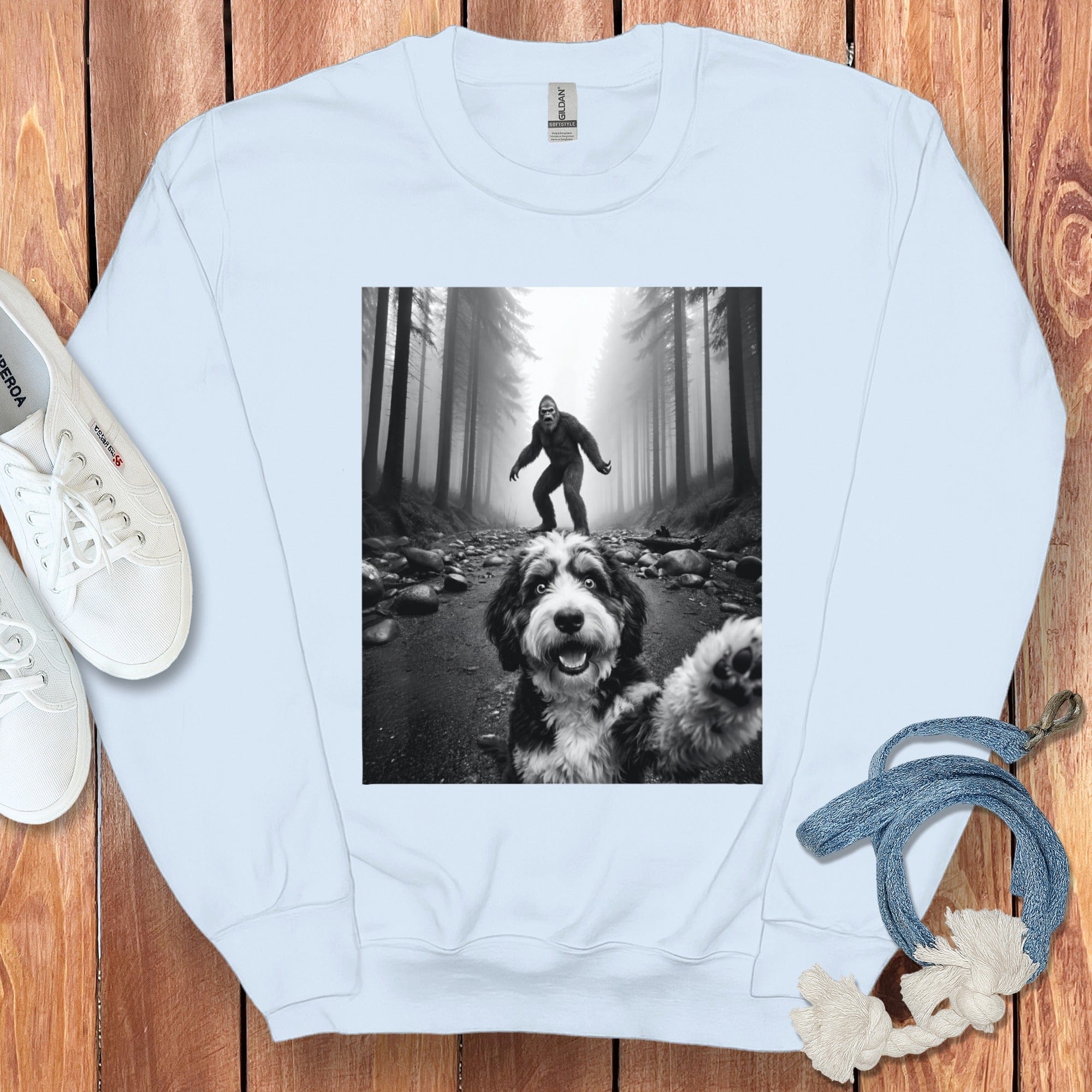 Bigfoot with Dog in Forest Selfie Long Sleeve Shirt