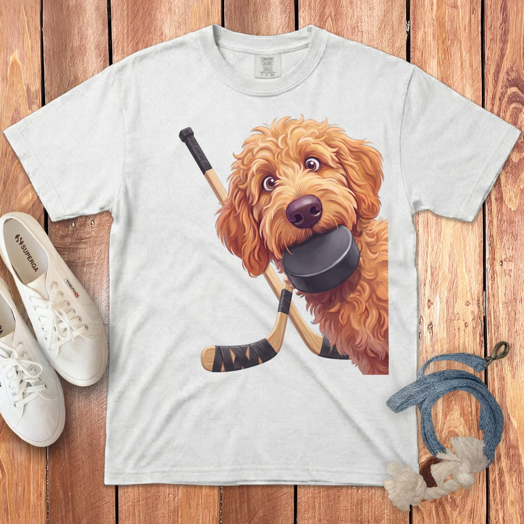 Apricot Goldendoodle Hockey Signature T-Shirt in White / S by Puppy Jo