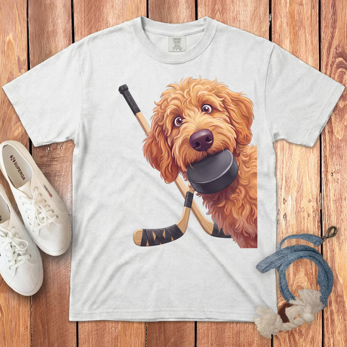 Apricot Goldendoodle Hockey Signature T-Shirt in White / S by Puppy Jo