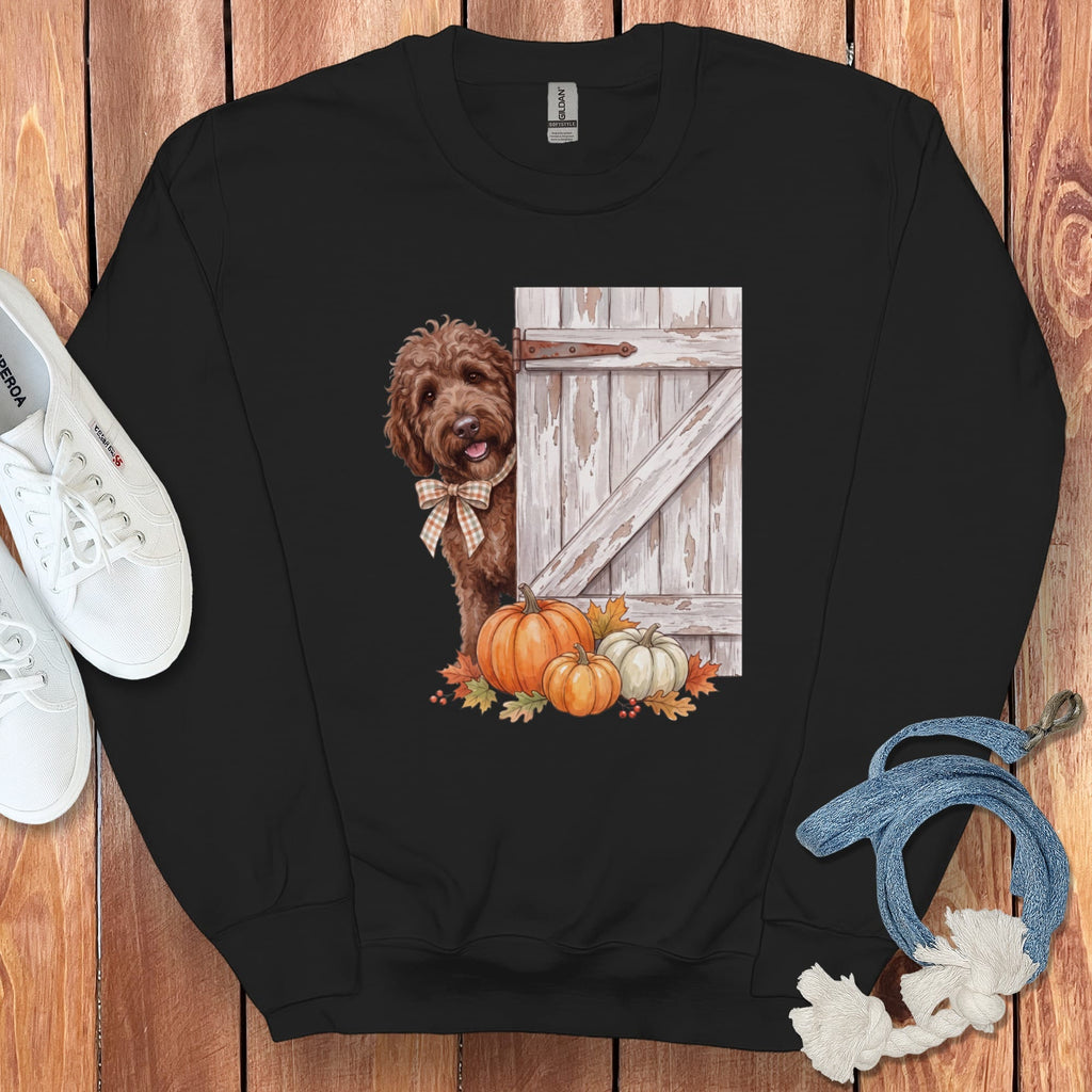 Chocolate Goldendoodle Barn Peeking Sweatshirt in Black / S by Puppy Jo