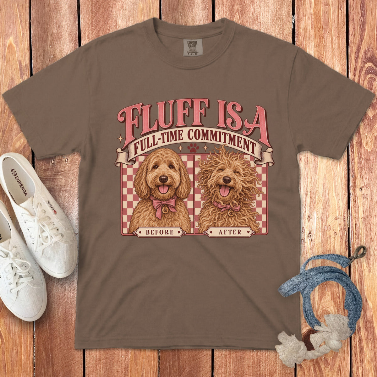 Brown t-shirt featuring a retro graphic of two doodles labeled before and after, alongside white sneakers and a blue rope.