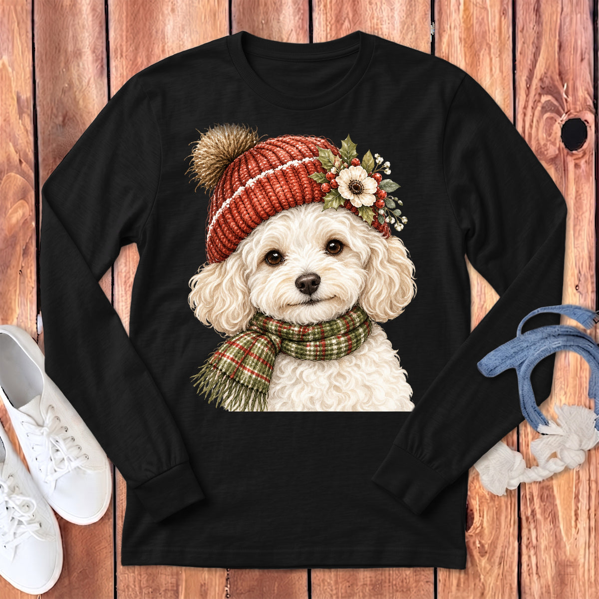 Black long-sleeve shirt with a watercolor drawing of a white poodle wearing a Santa hat and scarf.