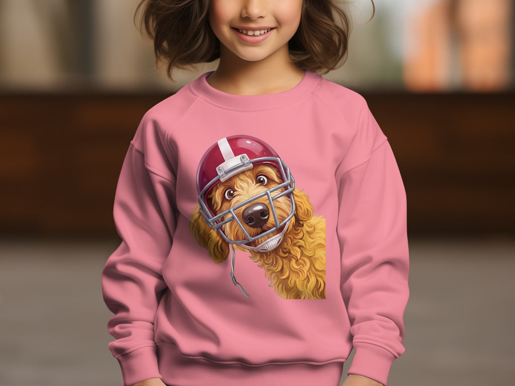 Pink sweatshirt with a golden doodle dog wearing a football helmet graphic.