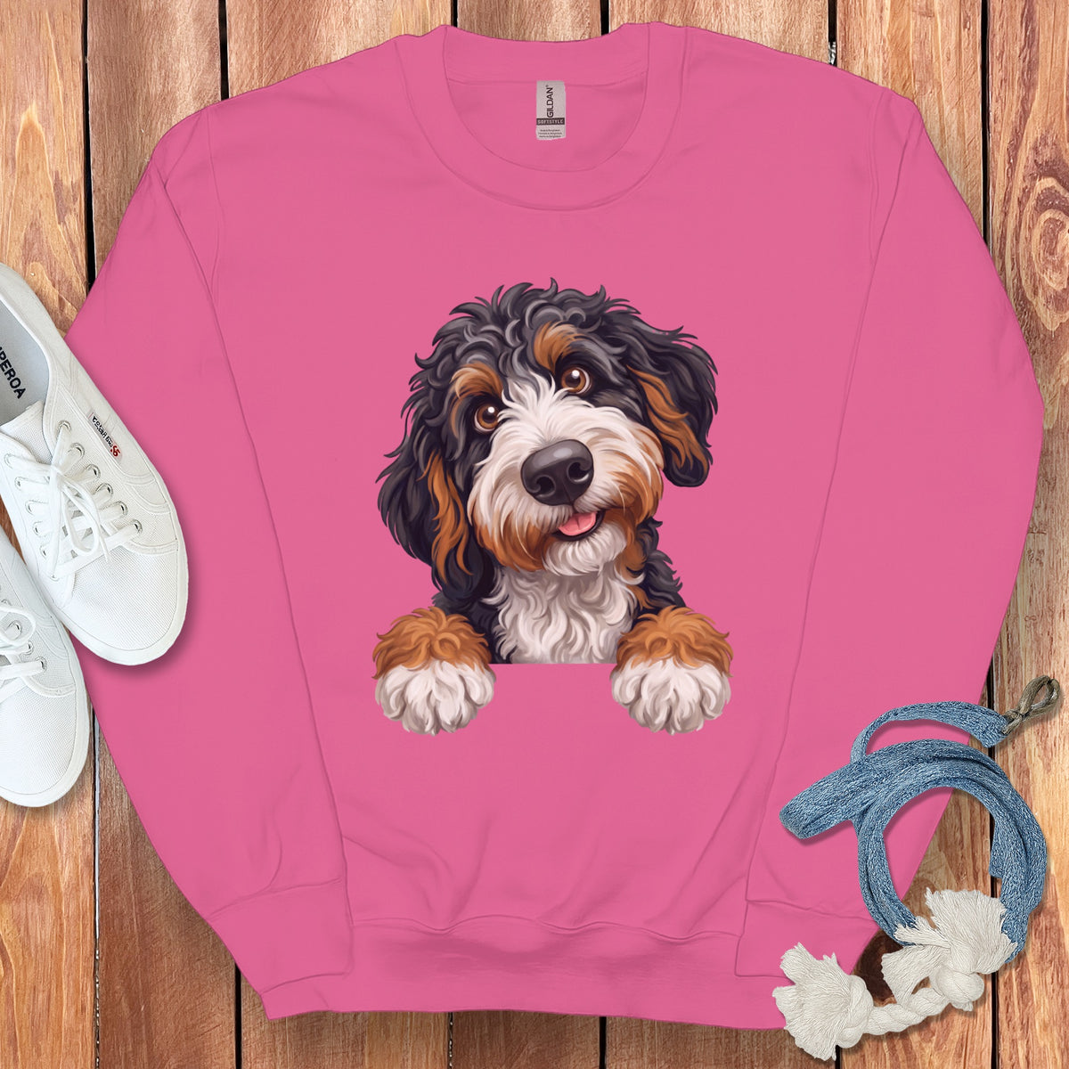 Pink crewneck sweatshirt with a watercolor Bernese Mountain Dog puppy graphic.