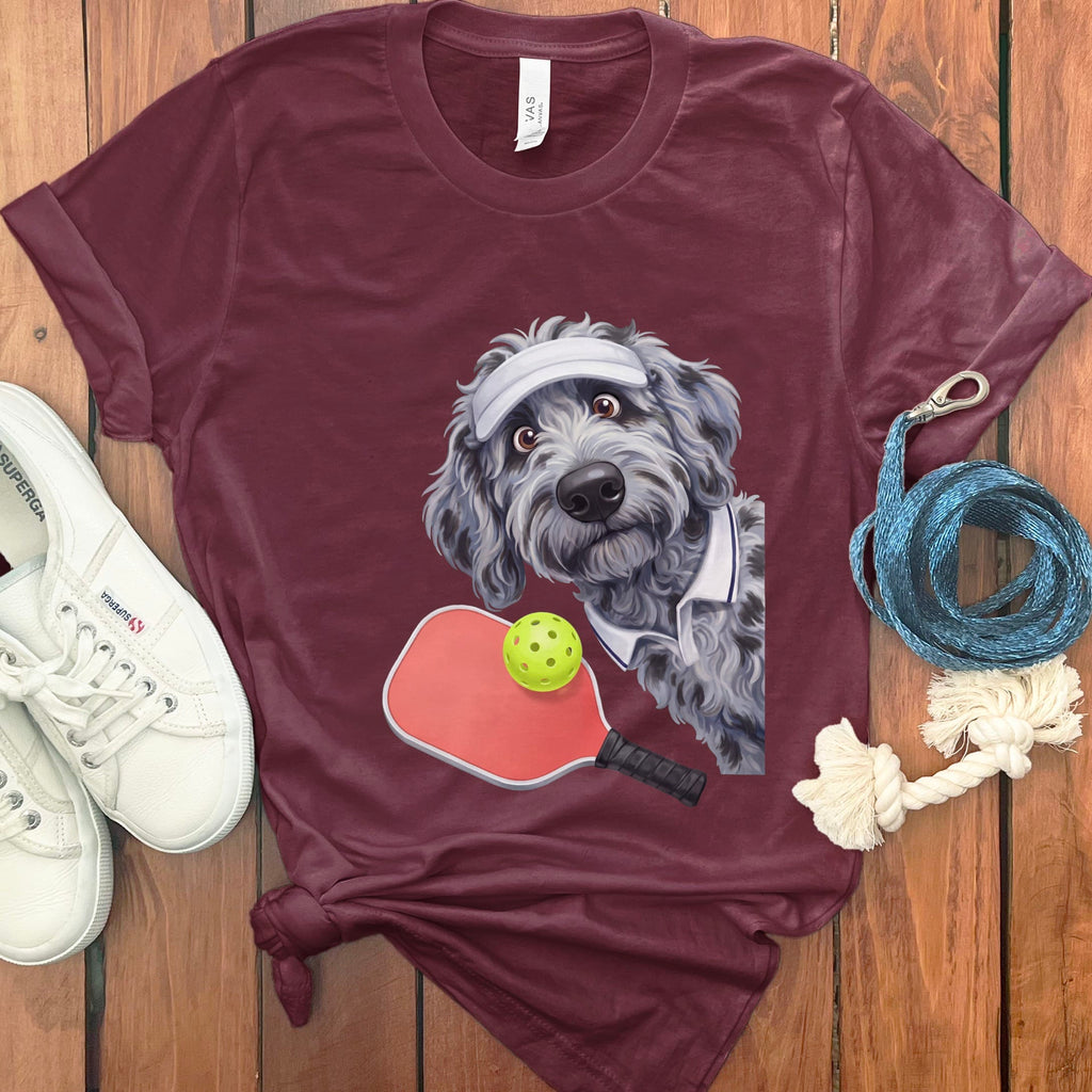 Merle Goldendoodle Pickleball Player T-Shirt in Maroon / S by Puppy Jo