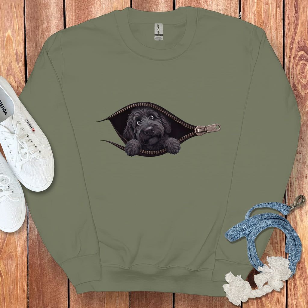 Black Goldendoodle Peeking Zipper Sweatshirt in Military Green / S by Puppy Jo