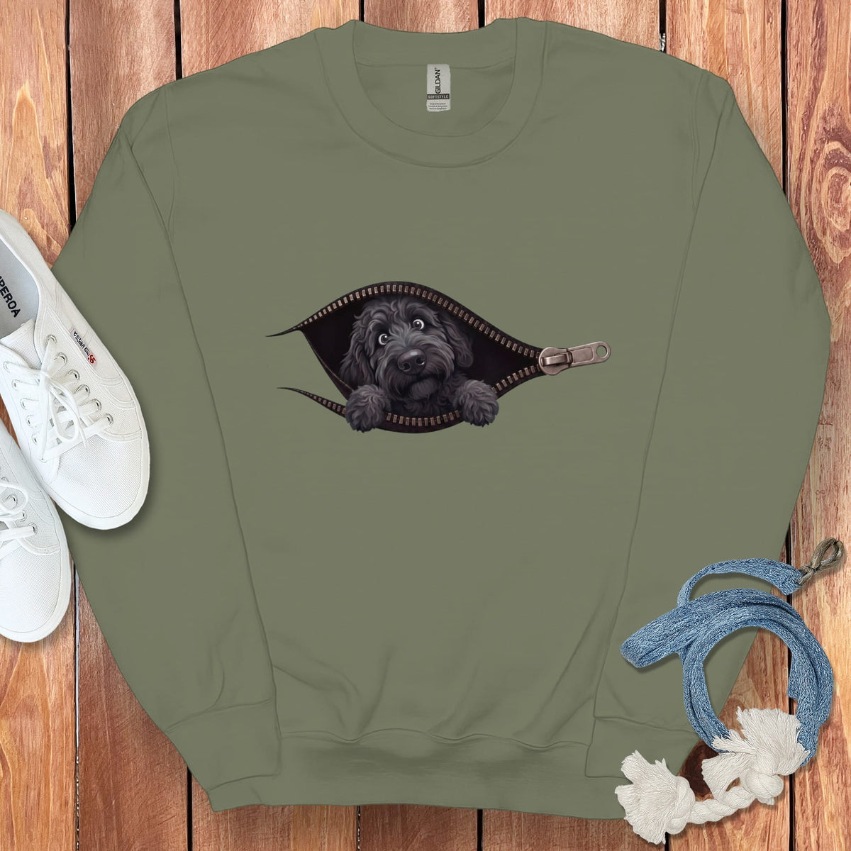 Black Goldendoodle Peeking Zipper Sweatshirt in Military Green / S by Puppy Jo