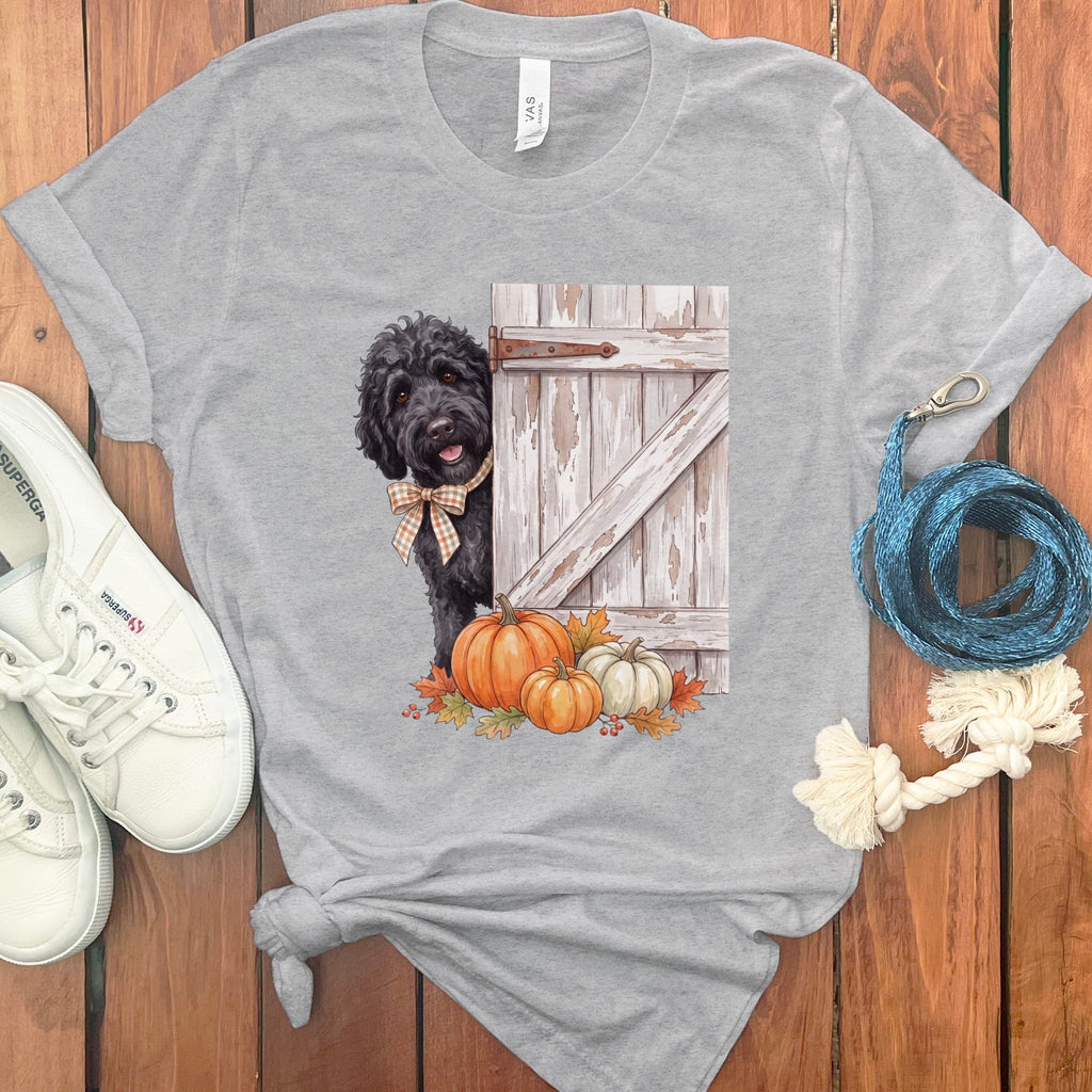 Black Goldendoodle Barn Peeking T-Shirt in Athletic Heather / S by Puppy Jo