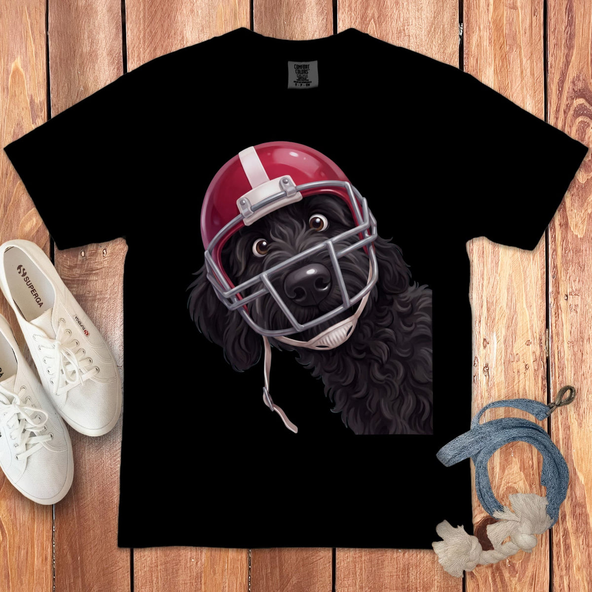 Black Goldendoodle Football Helmet Signature T-Shirt in Black / S by Puppy Jo