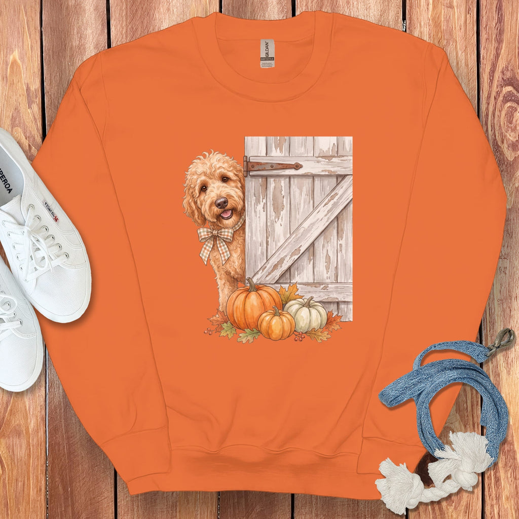 Apricot Goldendoodle Barn Peeking Sweatshirt in Orange / S by Puppy Jo