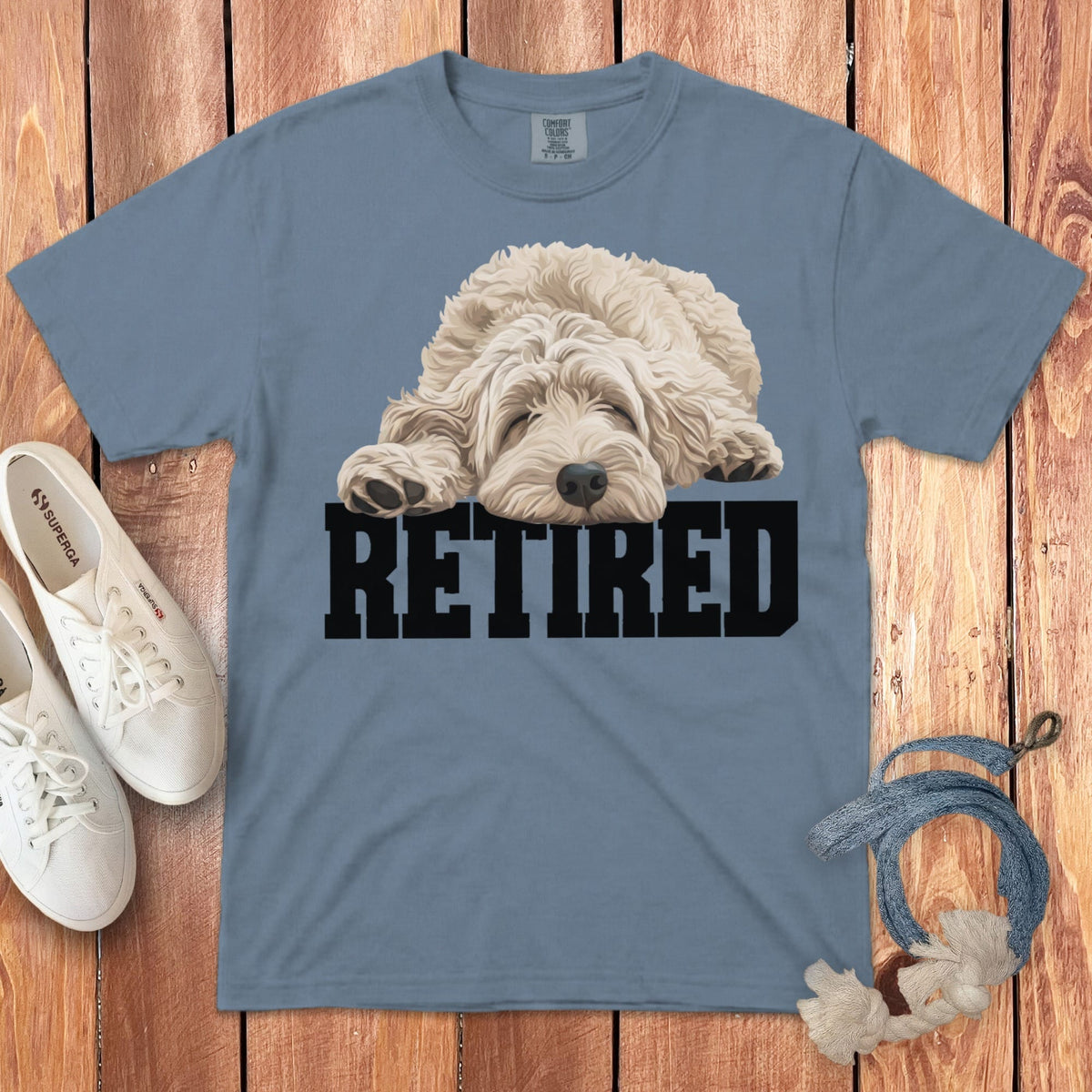 Retired Sleeping Cream Goldendoodle Signature T-Shirt in Blue Jean / S by Puppy Jo