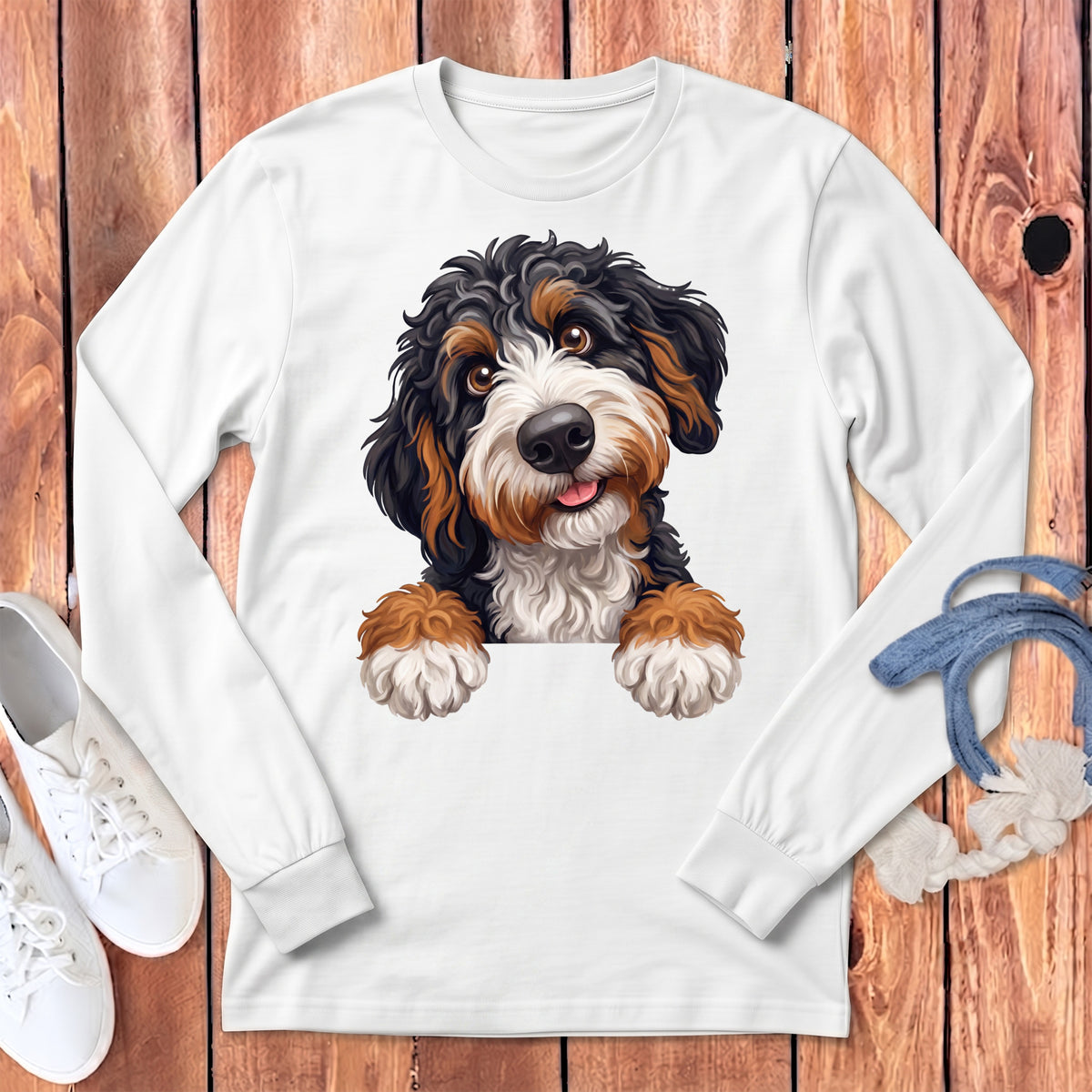 Bernedoodle dog illustration on a white long-sleeve shirt.