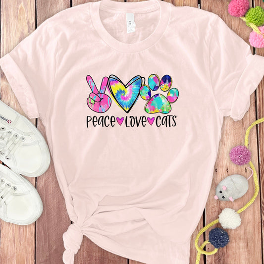 Peace Love Cats Tie-Dye Print Casual Wear T-Shirt Product