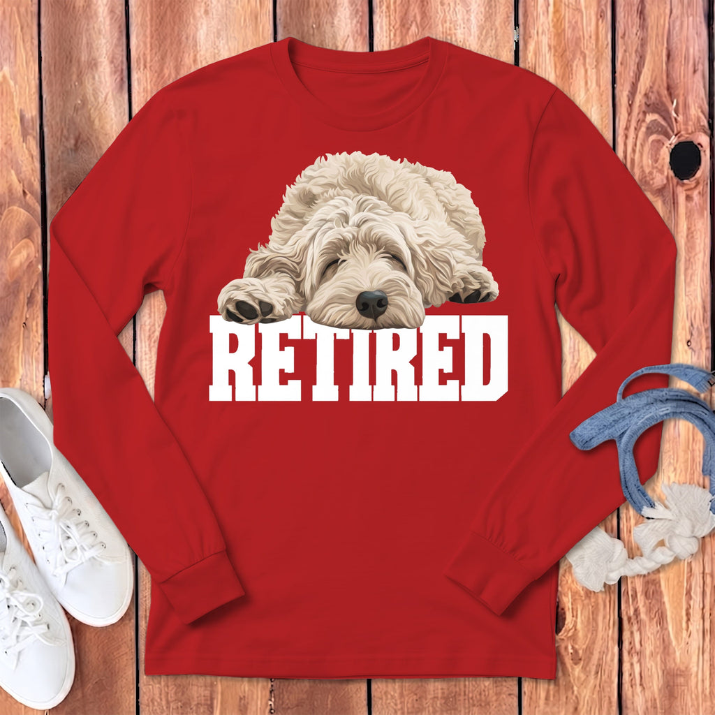 Retired Sleeping Cream Goldendoodle Long Sleeve T-Shirt in Red / S by Puppy Jo