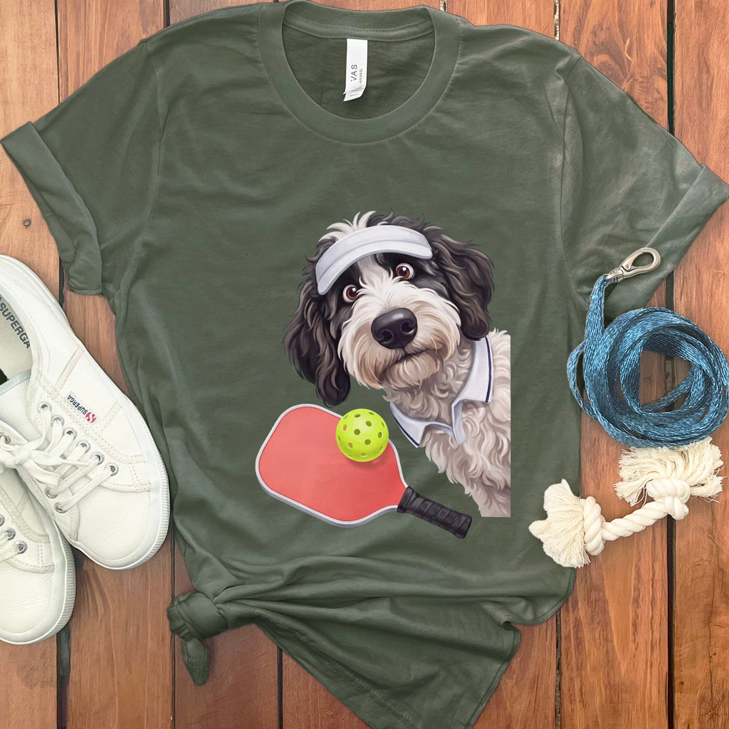 Sheepadoodle Pickleball Player T-Shirt in Military Green / S by Puppy Jo