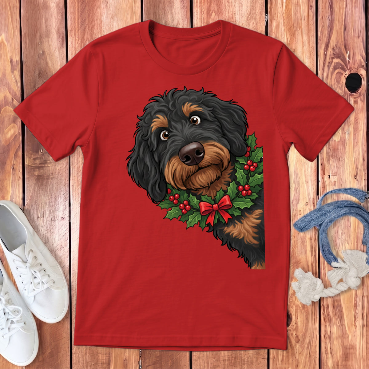 Red t-shirt with cartoon doodle dog wearing a holly wreath and bow.