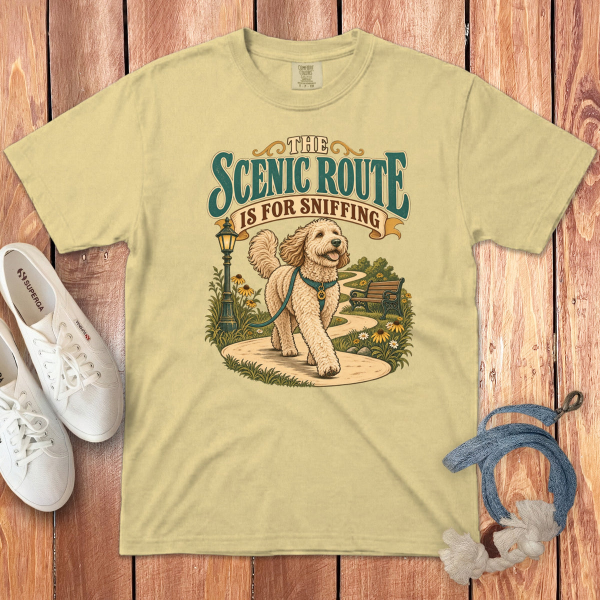 Light yellow t-shirt with a vintage dog walking graphic, text reading THE SCENIC ROUTE IS FOR SNIFFING, on wood background.