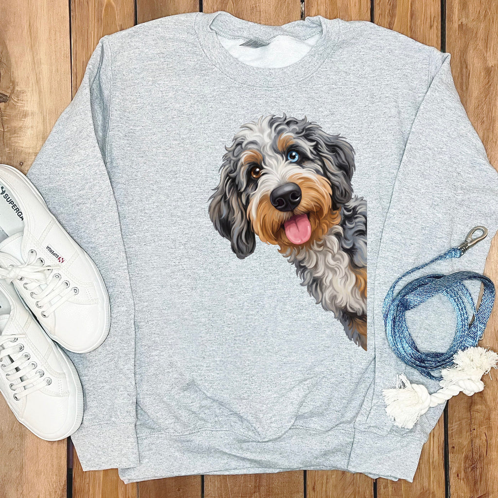 Tongue Out Aussiedoodle Sweatshirt in Sport Grey / S by Puppy Jo