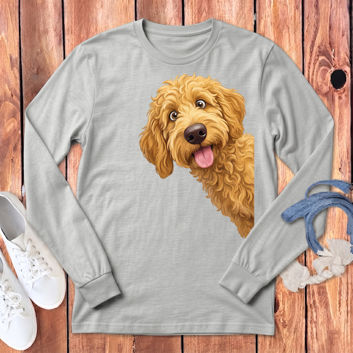 Light grey long-sleeve shirt with a happy cartoon dog graphic.