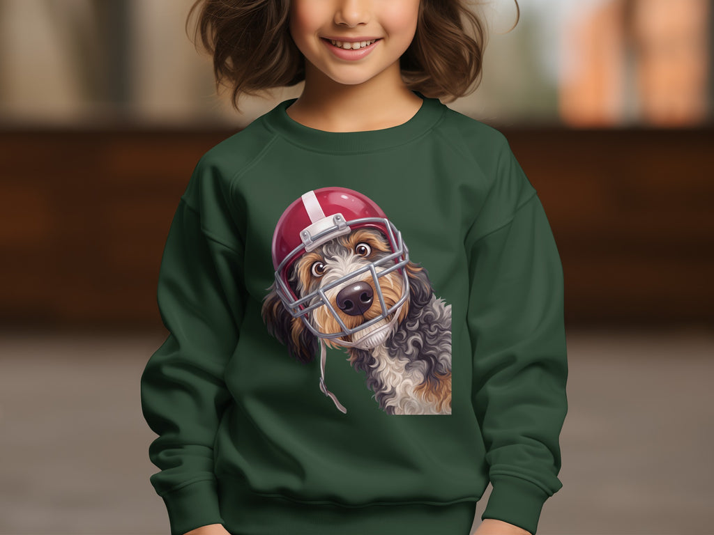 Green sweatshirt on a child featuring a dog wearing a red football helmet.
