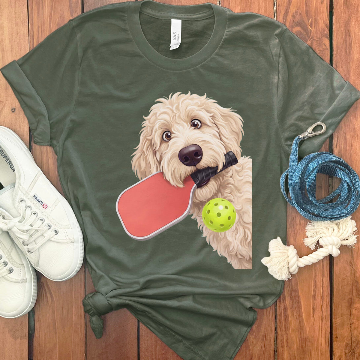 Cream Goldendoodle Pickleball T-Shirt in Military Green / S by Puppy Jo