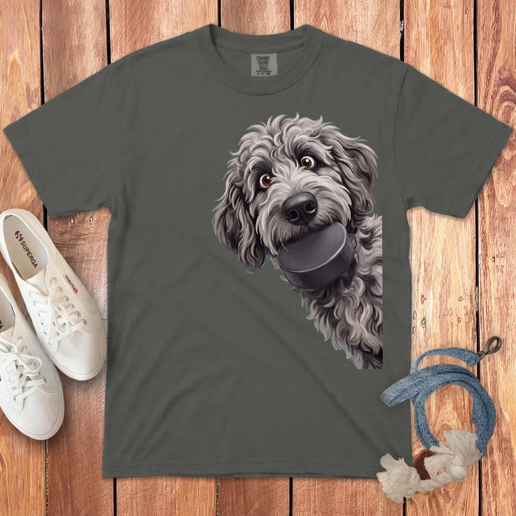 Merle Goldendoodle Hockey Puck Signature T-Shirt in Pepper / S by Puppy Jo