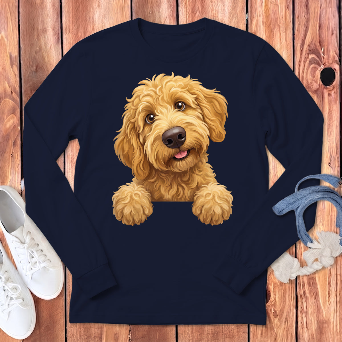 Navy long sleeve t-shirt with a golden doodle dog graphic.