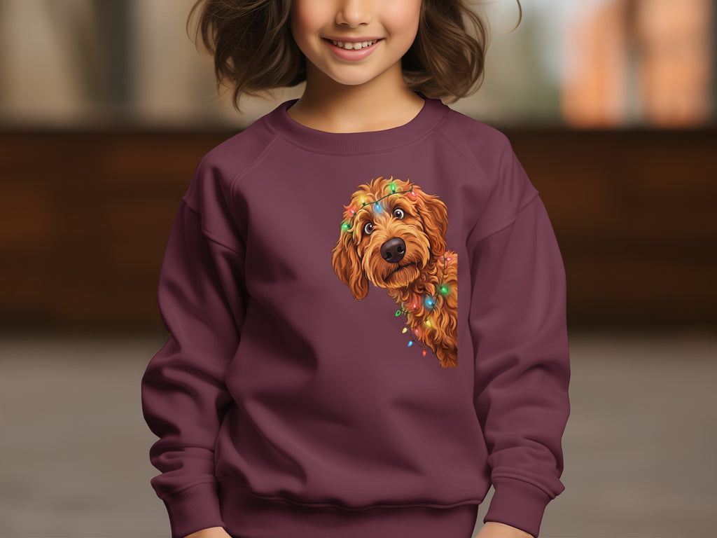 Burgundy crewneck sweatshirt with a goldendoodle wearing Christmas lights.