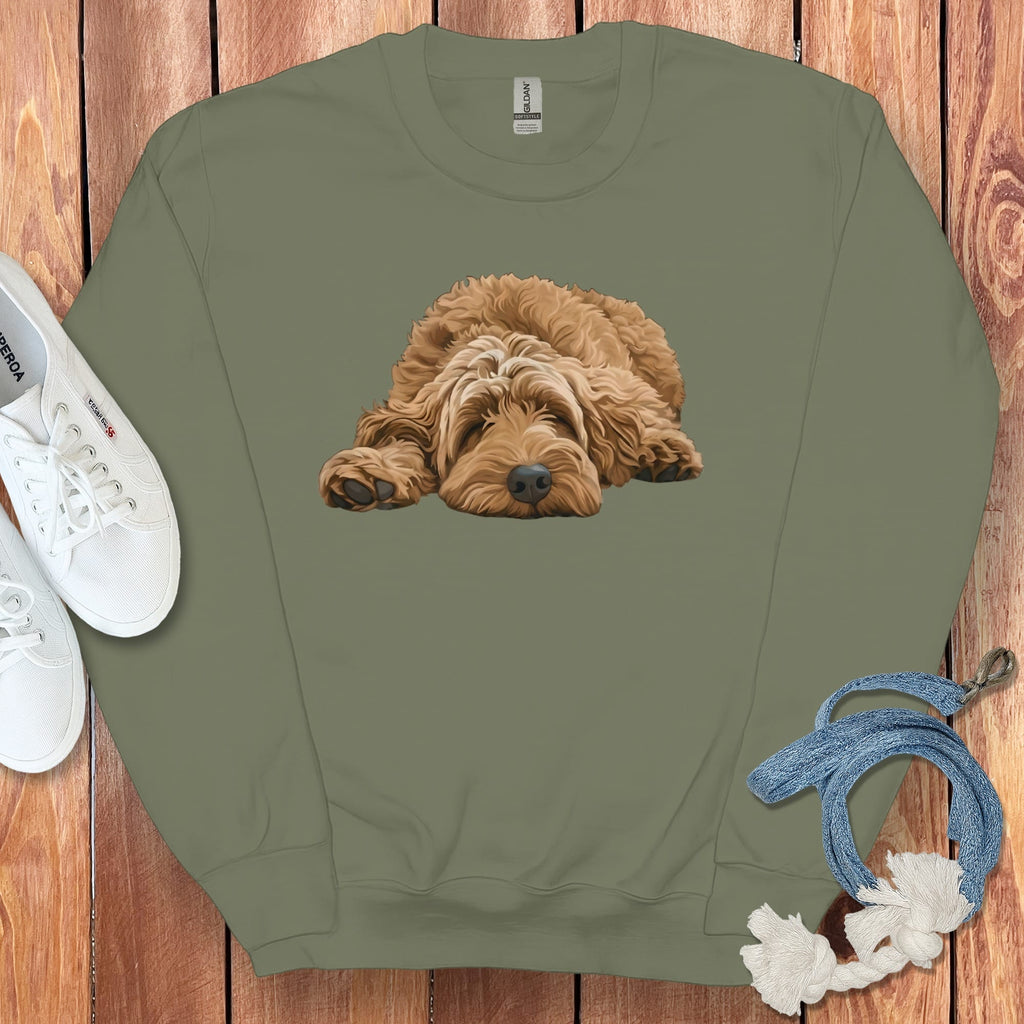 Apricot Goldendoodle Snoozing Sweatshirt in Military Green / S by Puppy Jo