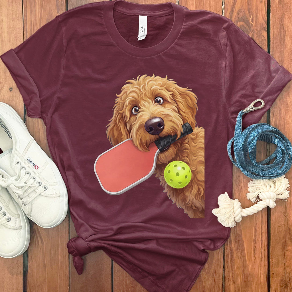 Apricot Goldendoodle Pickleball T-Shirt in Maroon / S by Puppy Jo