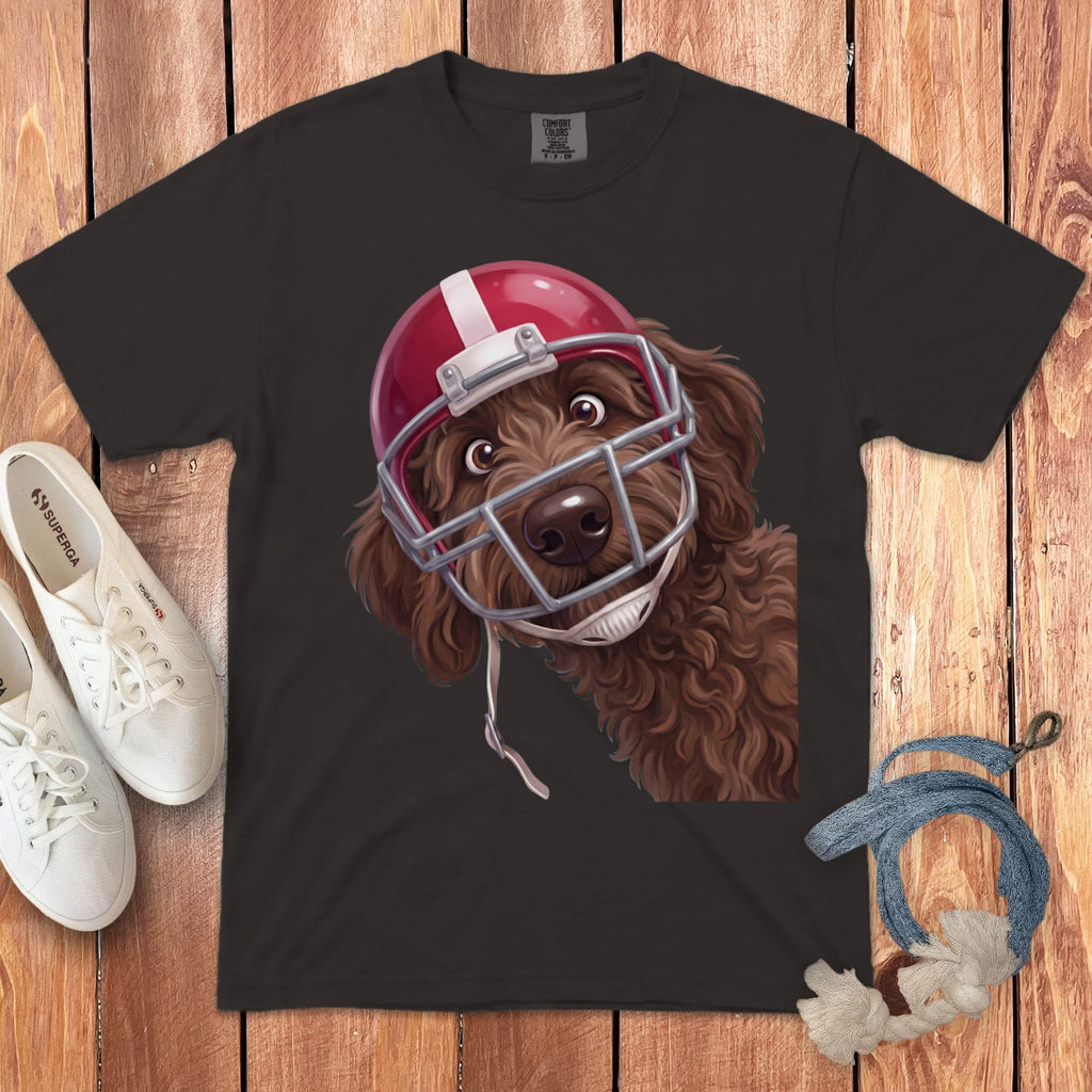 Chocolate Goldendoodle Football Helmet Signature T-Shirt in Graphite / S by Puppy Jo