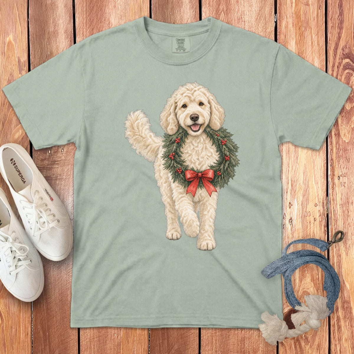 Cream Goldendoodle Wreath Signature T-Shirt in Bay / S by Puppy Jo