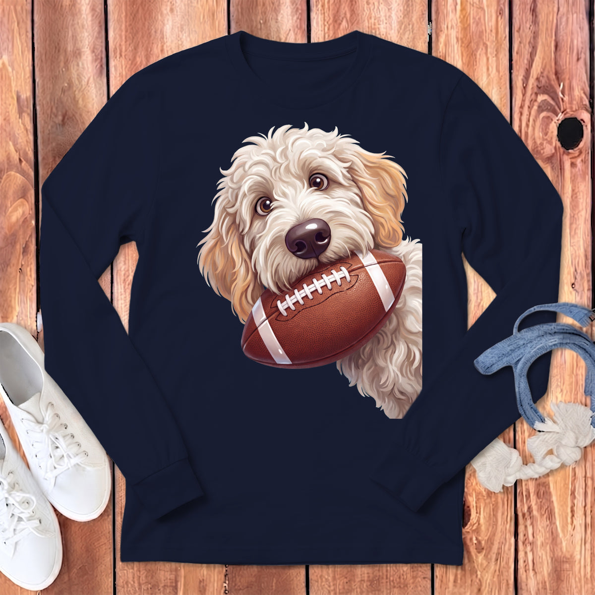 Fluffy white dog holding a football in its mouth on a navy long-sleeved shirt.