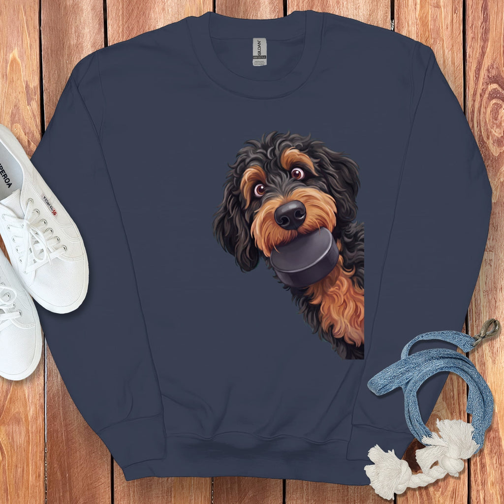 Phantom Goldendoodle Hockey Puck Sweatshirt in Navy / S by Puppy Jo