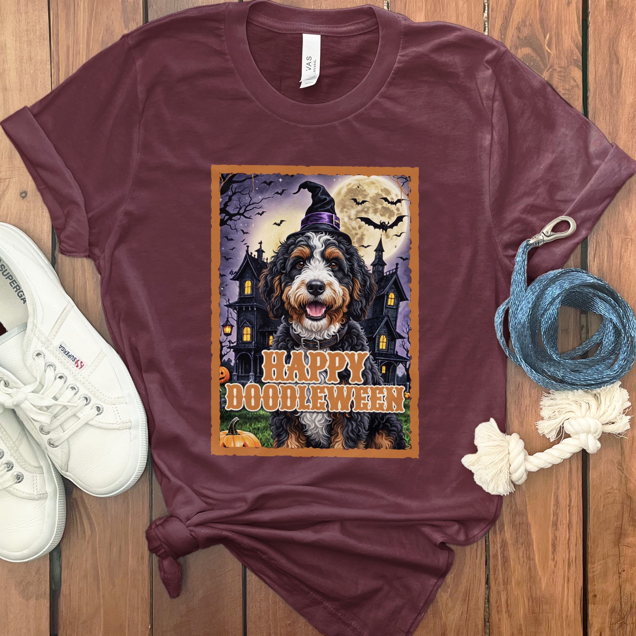 Bernedoodle Happy Doodleween T-Shirt in Maroon / S by Puppy Jo