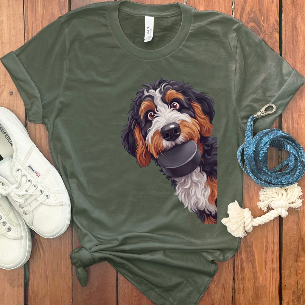 Bernedoodle Hockey Puck T-Shirt in Military Green / S by Puppy Jo