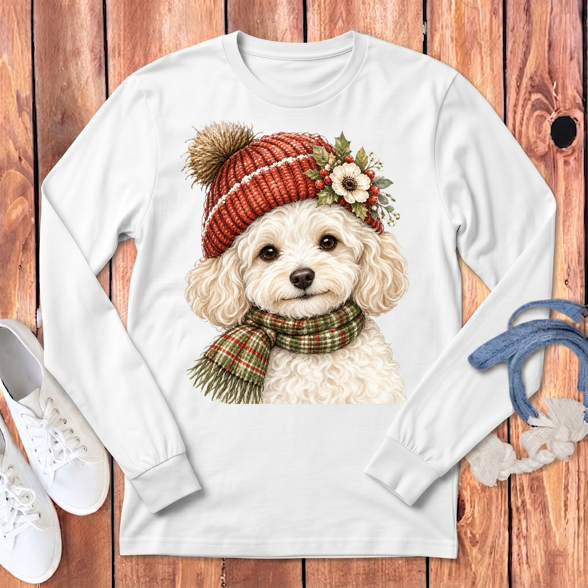 White long-sleeve shirt with a fluffy white dog wearing a red knitted hat and plaid scarf.