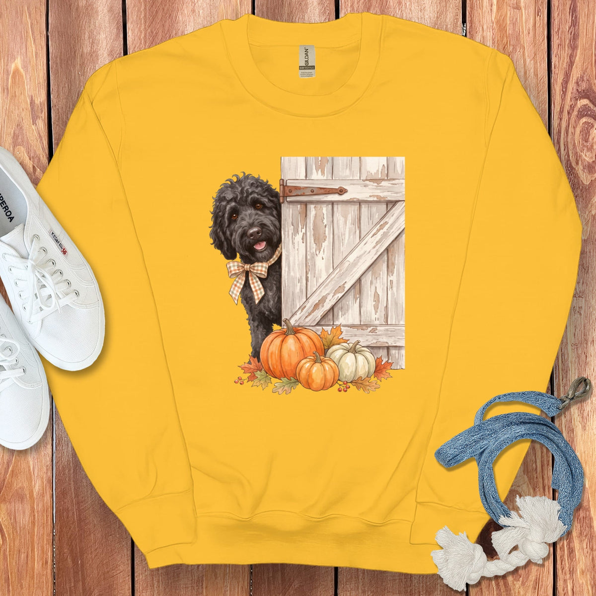 Black Goldendoodle Barn Peeking Sweatshirt in Gold / S by Puppy Jo