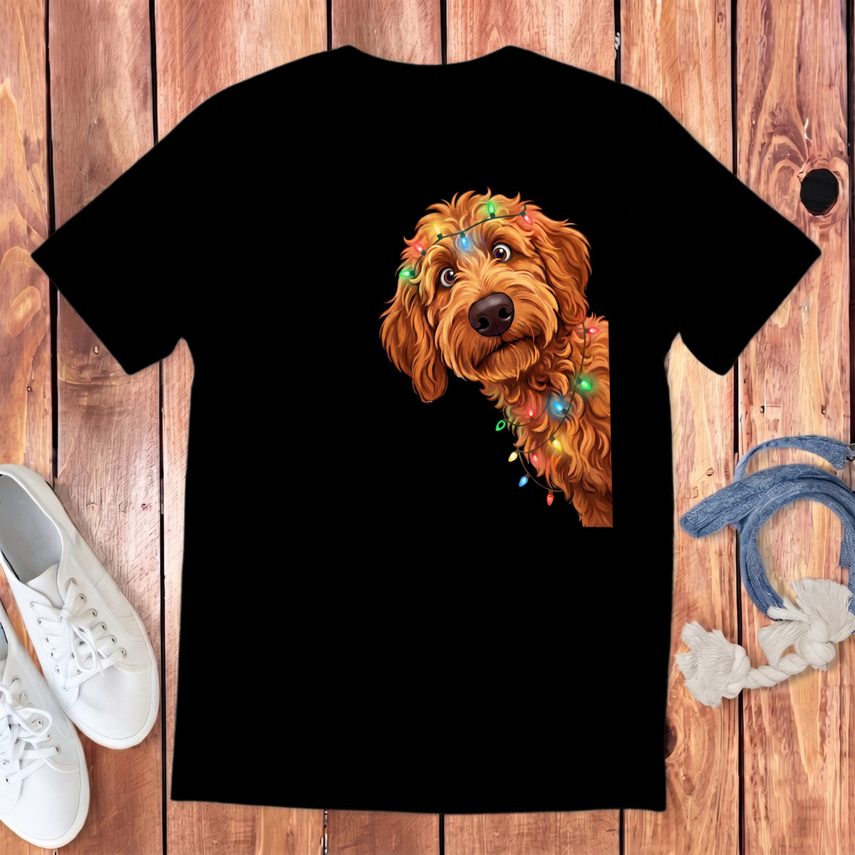 Black t-shirt featuring a golden doodle peeking from the side wrapped in Christmas lights.