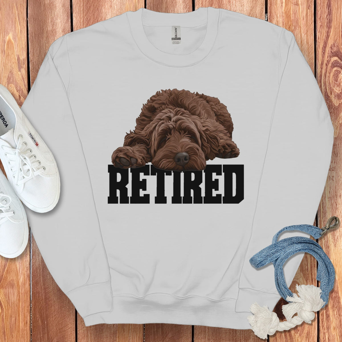 Retired Sleeping Chocolate Goldendoodle Sweatshirt in Sport Grey / S by Puppy Jo
