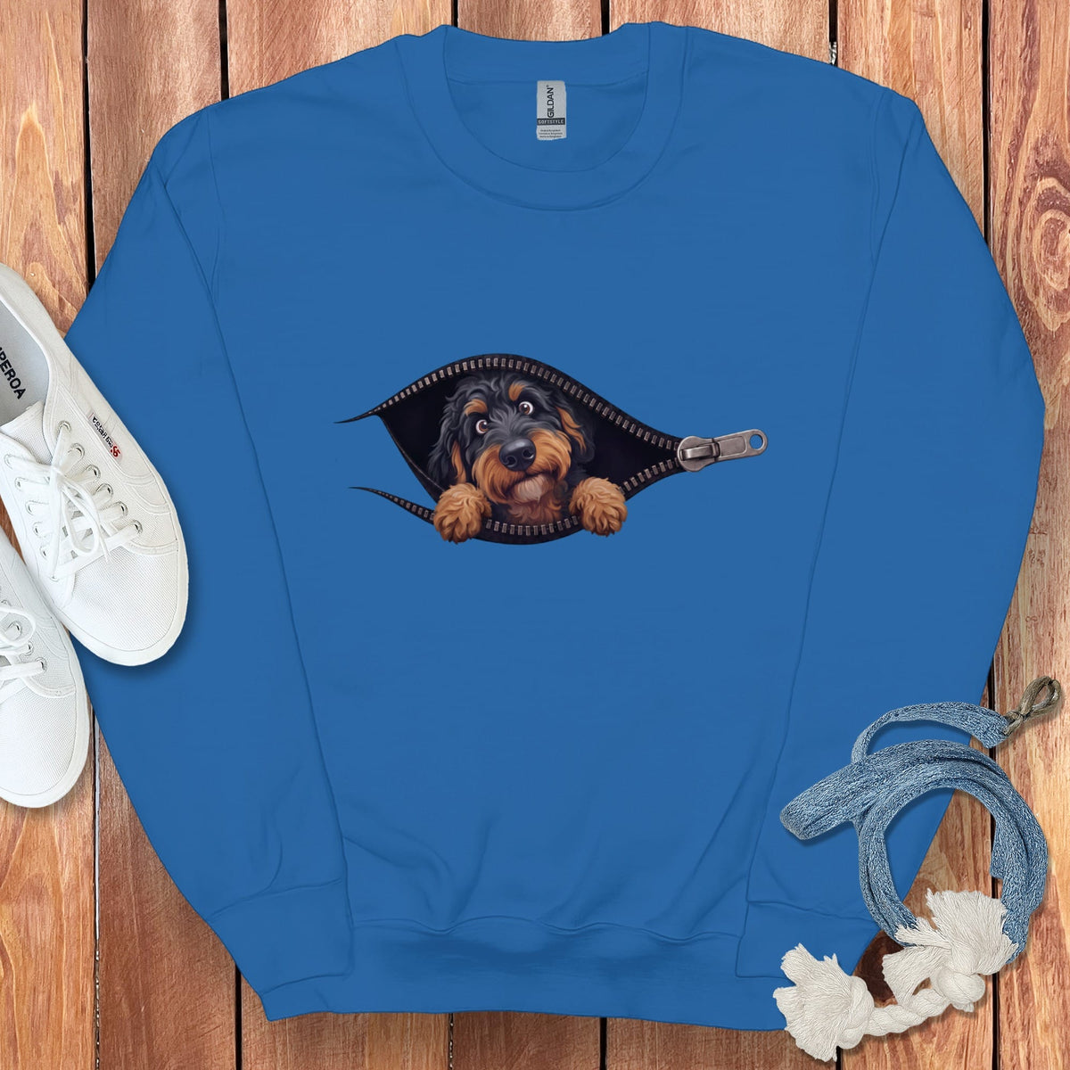 Phantom Goldendoodle Peeking Zipper Sweatshirt in Royal / S by Puppy Jo