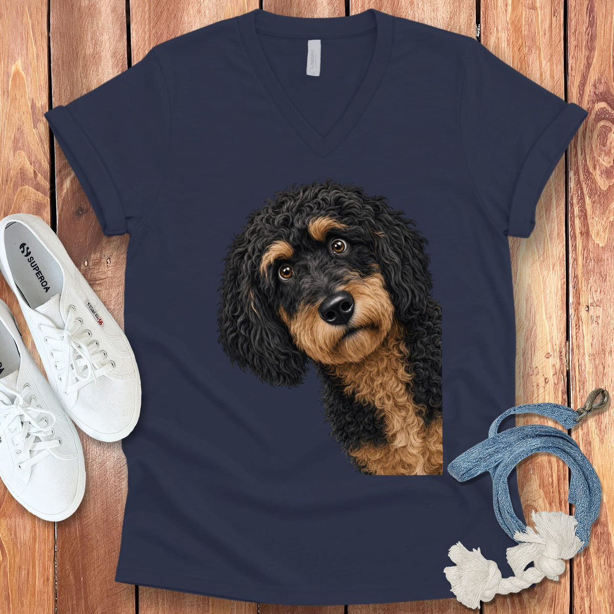 Funny Peeking Phantom Goldendoodle V-Neck T-Shirt in Navy / S by Puppy Jo