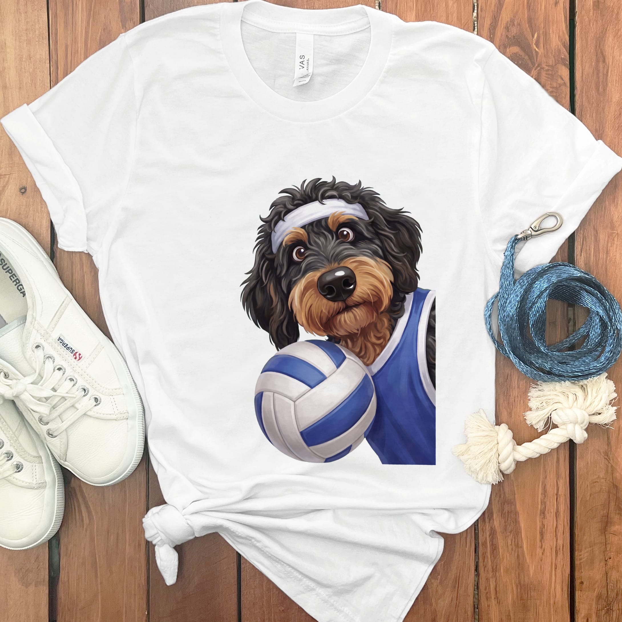Phantom Goldendoodle Volleyball Player T-Shirt in White / S by Puppy Jo