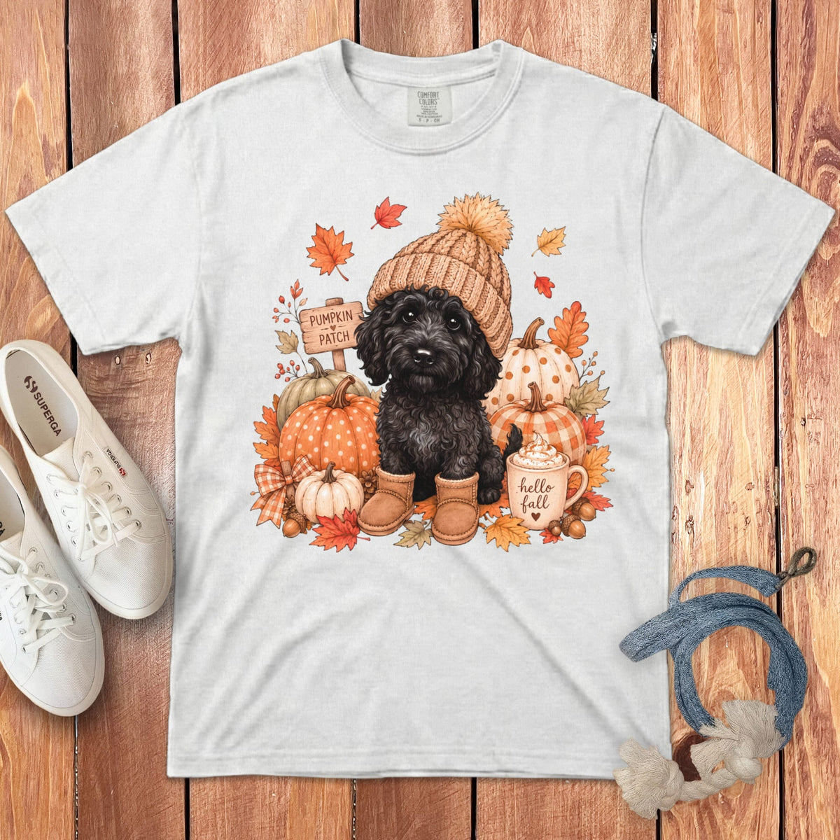 Black Goldendoodle Pumpkin Patch Signature T-Shirt in White / S by Puppy Jo
