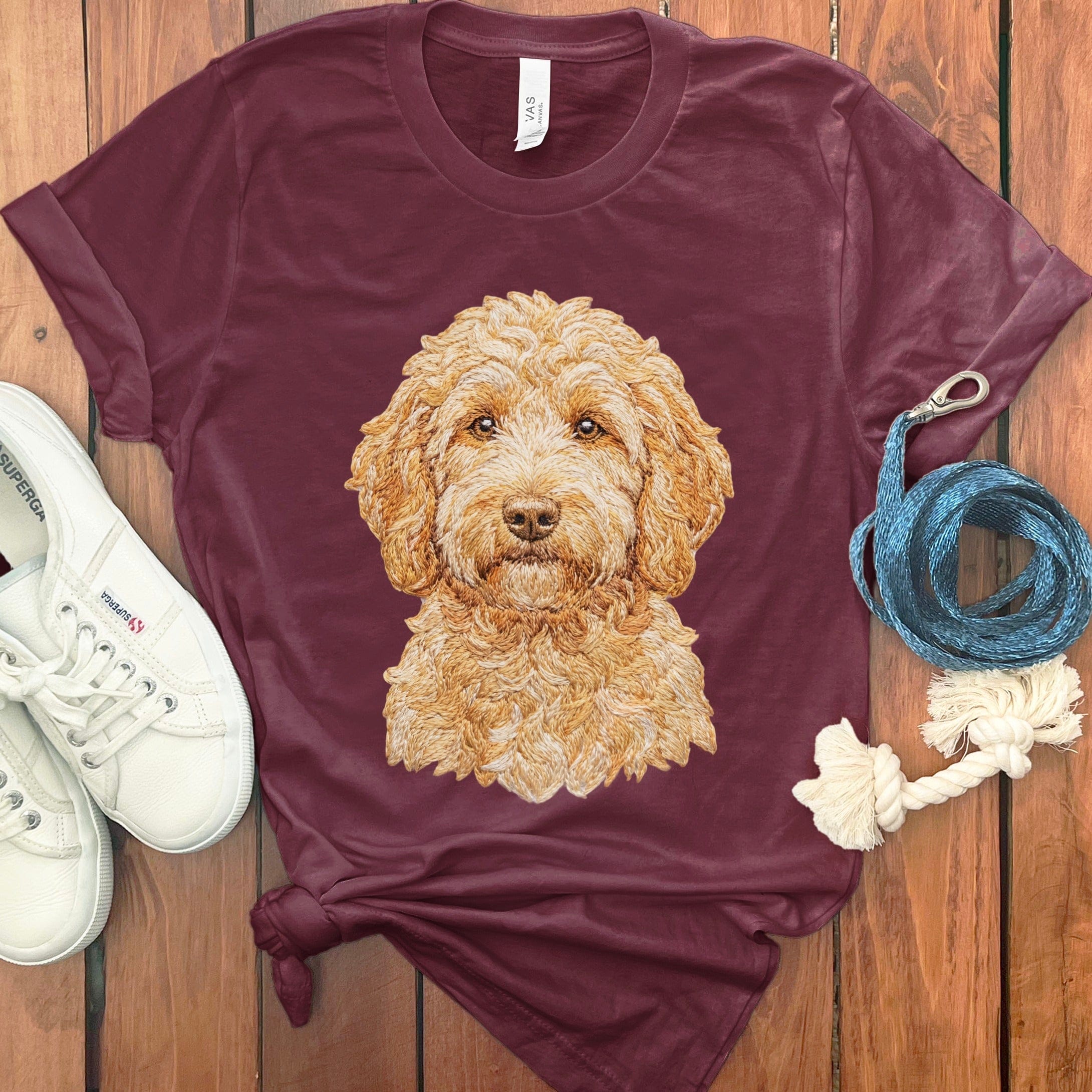 Cute Puppy Illustration on Burgundy Tee Shirt