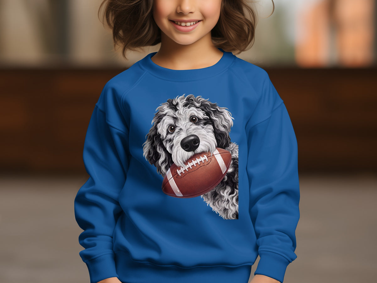 Blue sweatshirt with a black and white doodle dog holding a football.