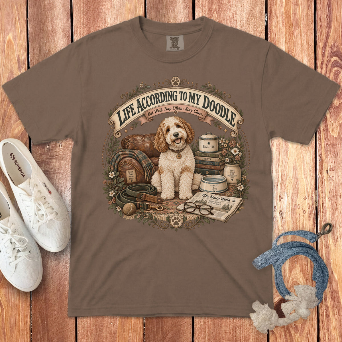 Brown t-shirt with a doodle dog graphic and text "Life According to My Doodle."